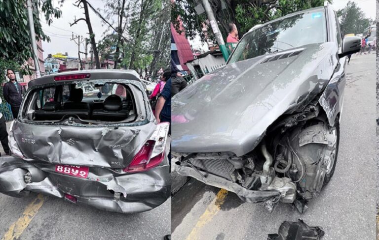 गौशालामा ८ वटा सवारी साधन एक आपसमा ठोक्किए, तीन जना घाइते